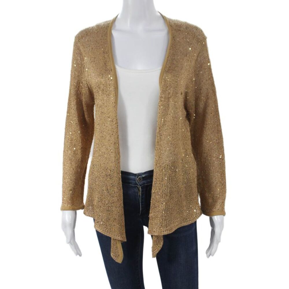 Ellen Tracy Women Gold V-Neck Cardigan Long Sleeve Size L